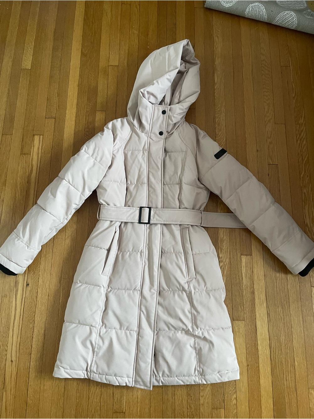 Sam Edelman Light Beige Quilted Hooded Belted Puffer Coat